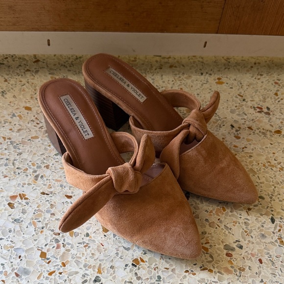 Chelsea & Violet Molly Brown Suede Bow Mules - Picture 2 of 6